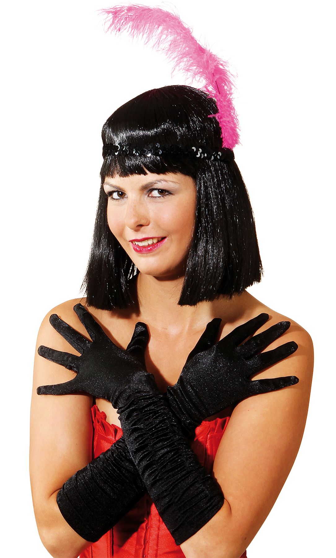Satin-Handschuhe gerafft, schwarz