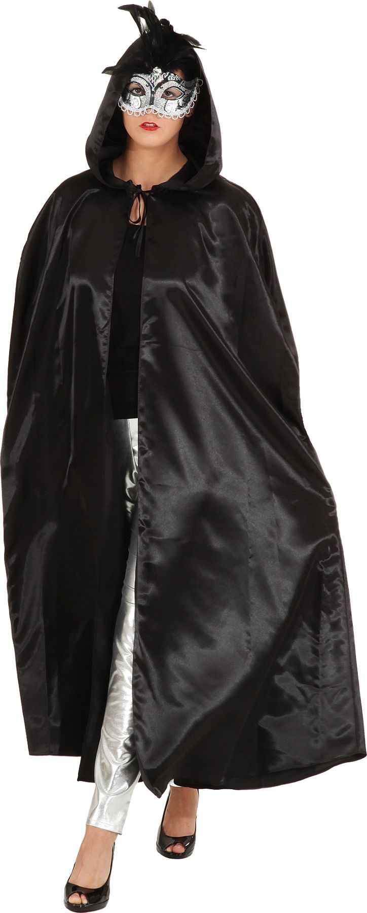 Satin-Umhang mit Kapuze, schwarz 