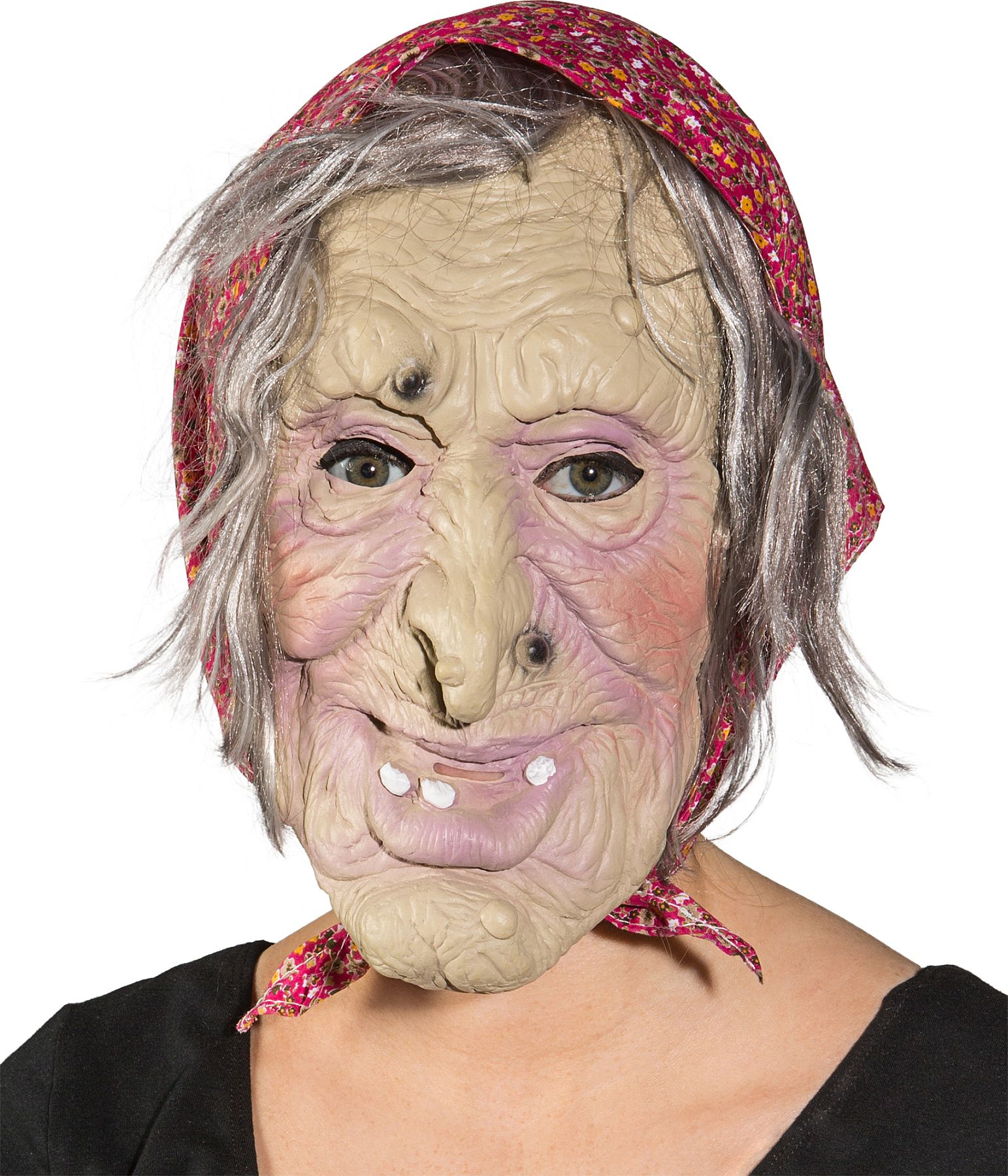 Maske Hexe mit Kopftuch und Haaren