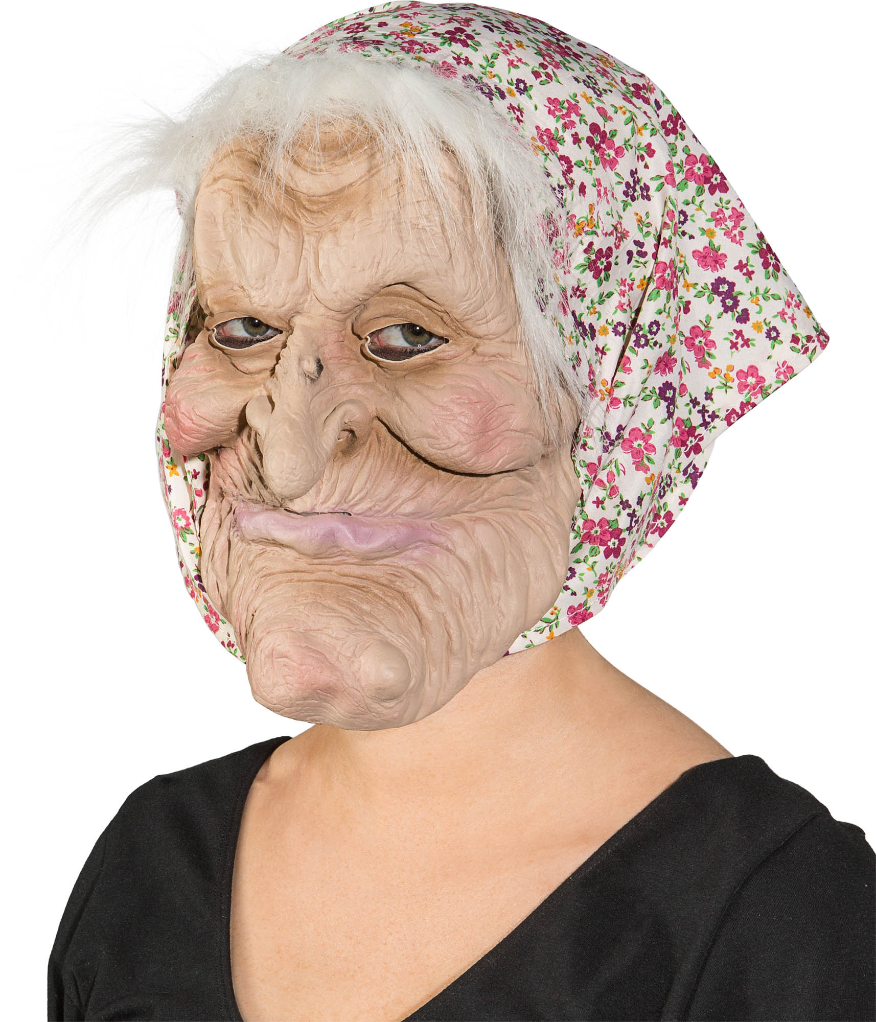 Maske Hexe mit Kopftuch und Haaren